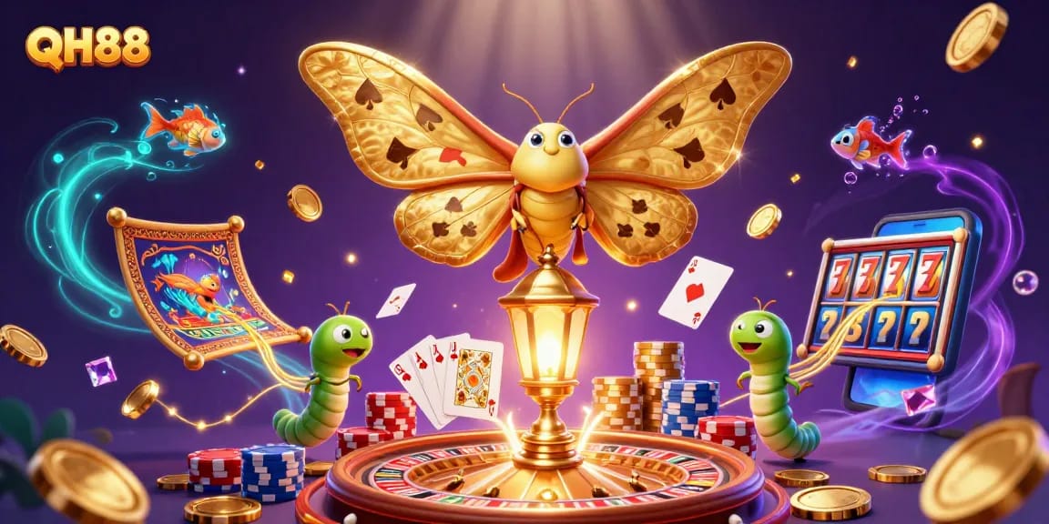 Experience QH88's vibrant casino environment where golden moths and coins create an exhilarating adventure.