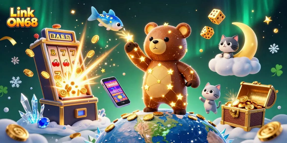 Experience dynamic wins with Link ON68 in a vibrant, engaging casino-themed scene featuring 3D characters.