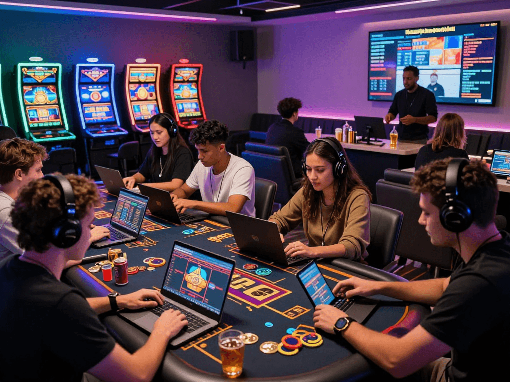 Exciting crypto casino scene with diverse players engaged in digital games, showcasing vibrant atmosphere and virtual currency.
