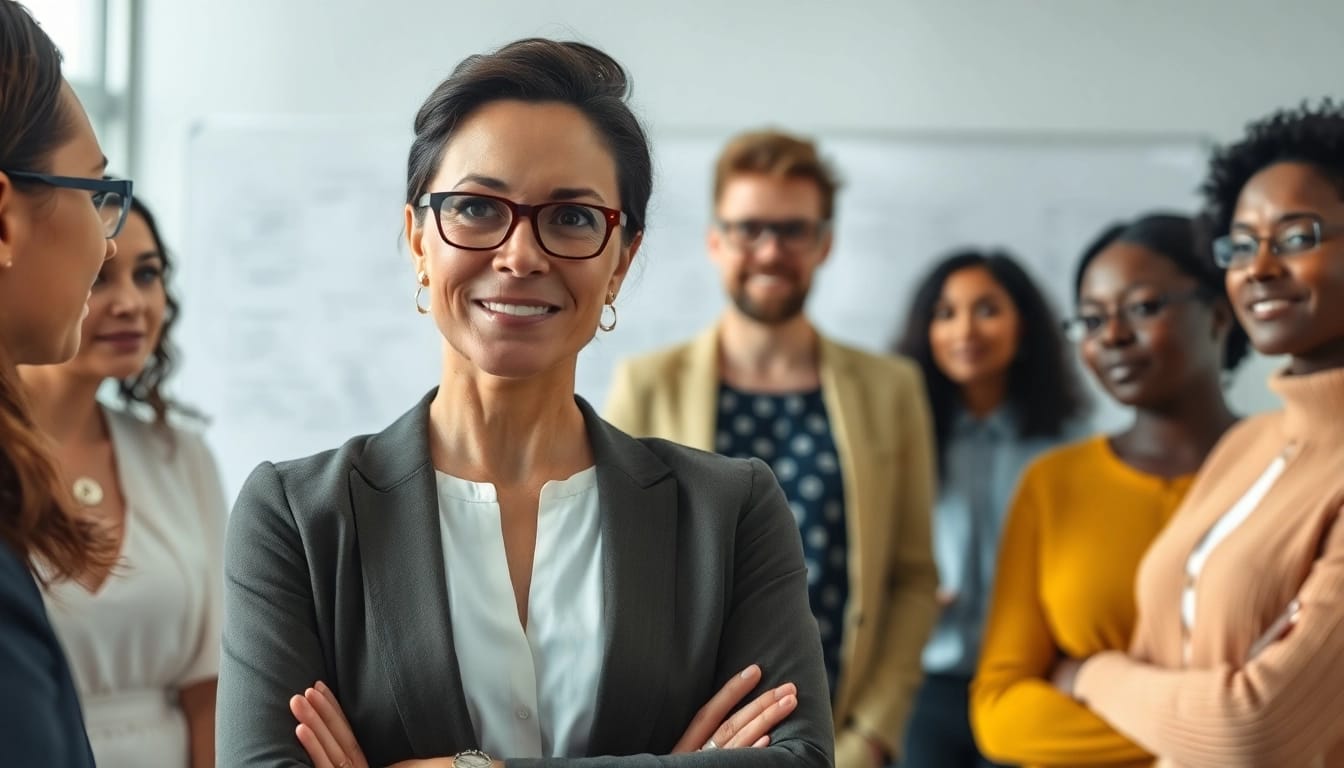 Empower individuals through Career coaching as a professional guides a diverse group in a modern office.