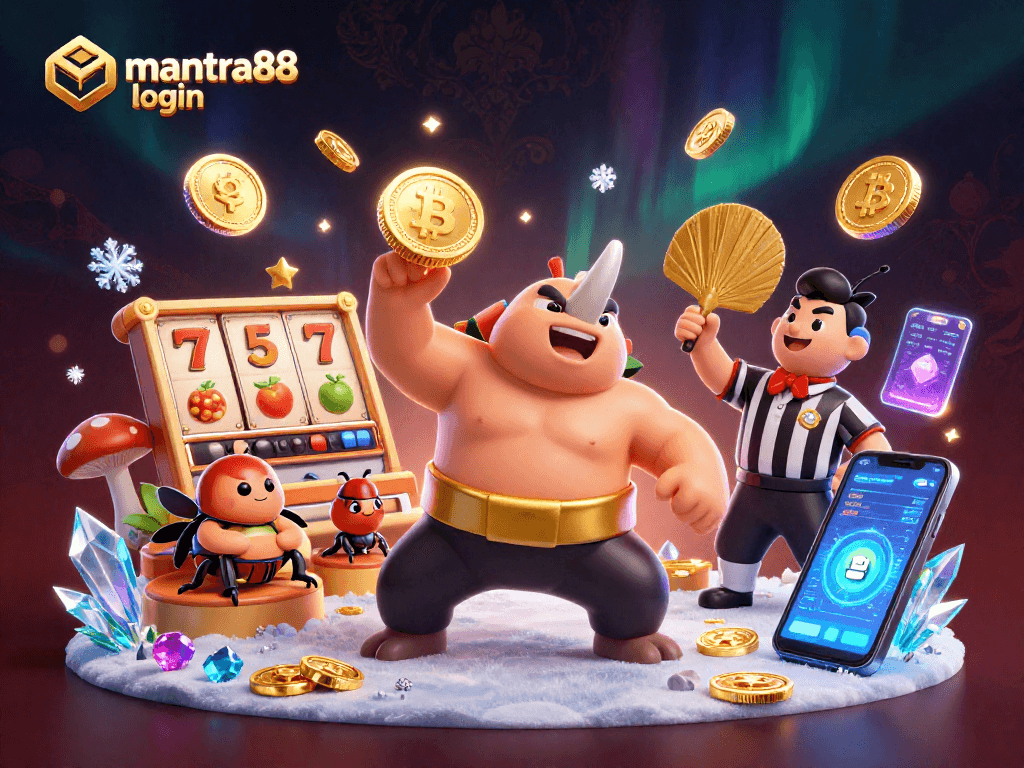 Hit the jackpot with mantra88 login as a beetle champion in a vibrant casino scene.