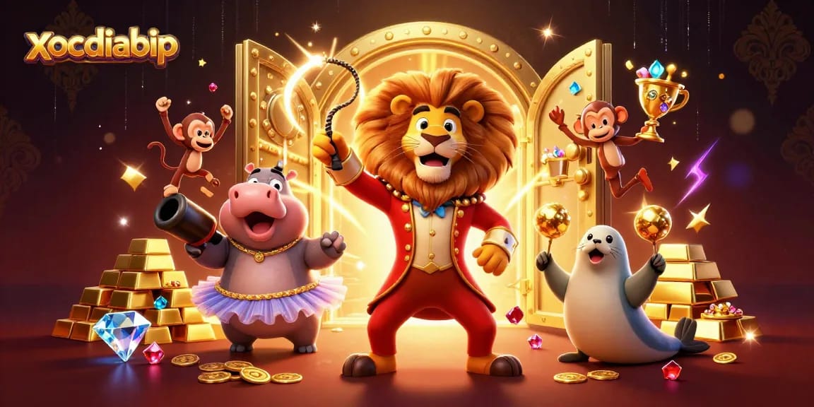 xocdiabip's vibrant circus scene showcases a gambling experience with colorful characters and shiny casino riches