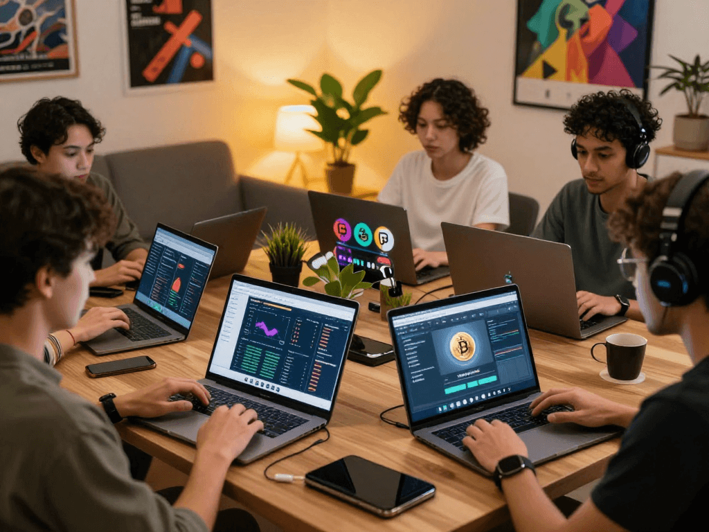 Diverse individuals discussing cryptocurrency in a vibrant online meeting, showcasing mantra88 on screens.