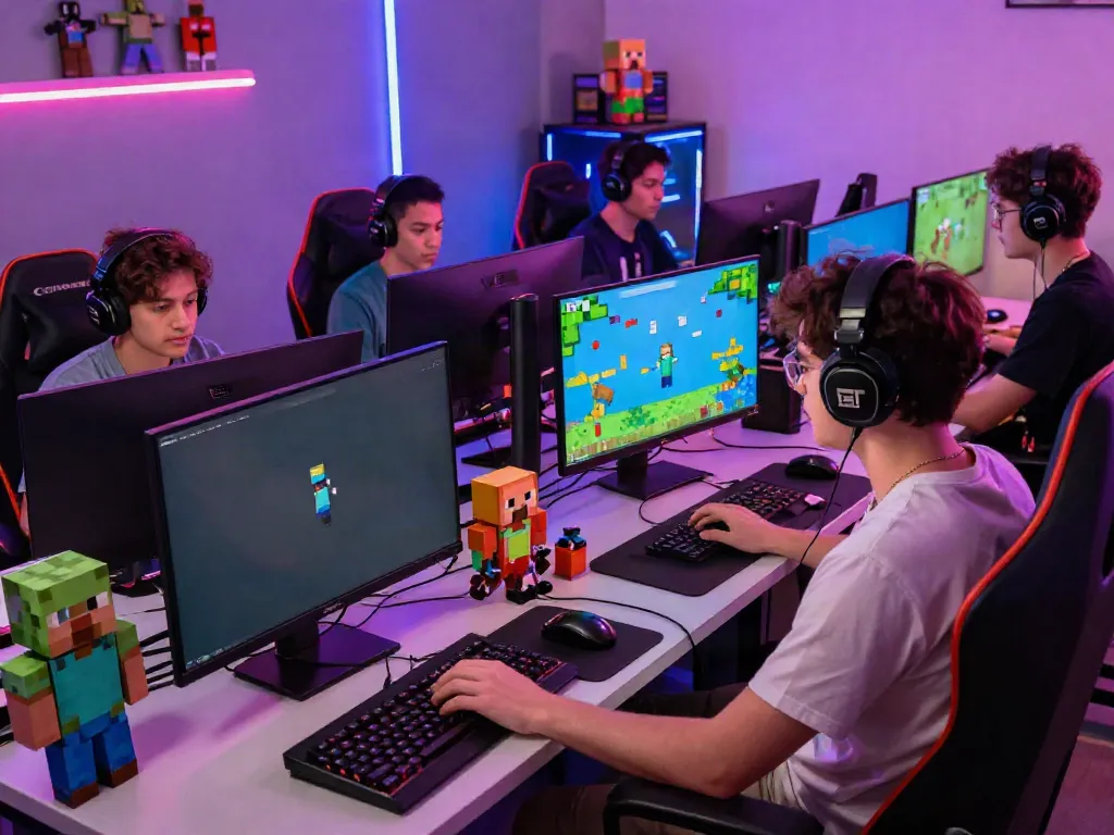 Engaged players enjoying the Best Minecraft servers in a lively gaming room setup.