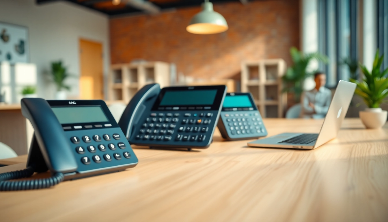 Showcasing business phones in a modern office environment highlighting their sleek design.