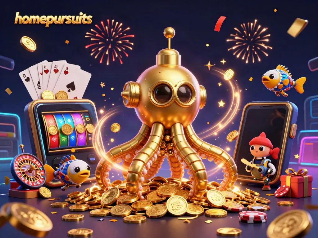 Homepursuits mengunduh APK untuk permainan kasino dengan simbol dan kotak hadiah yang berkilauan.