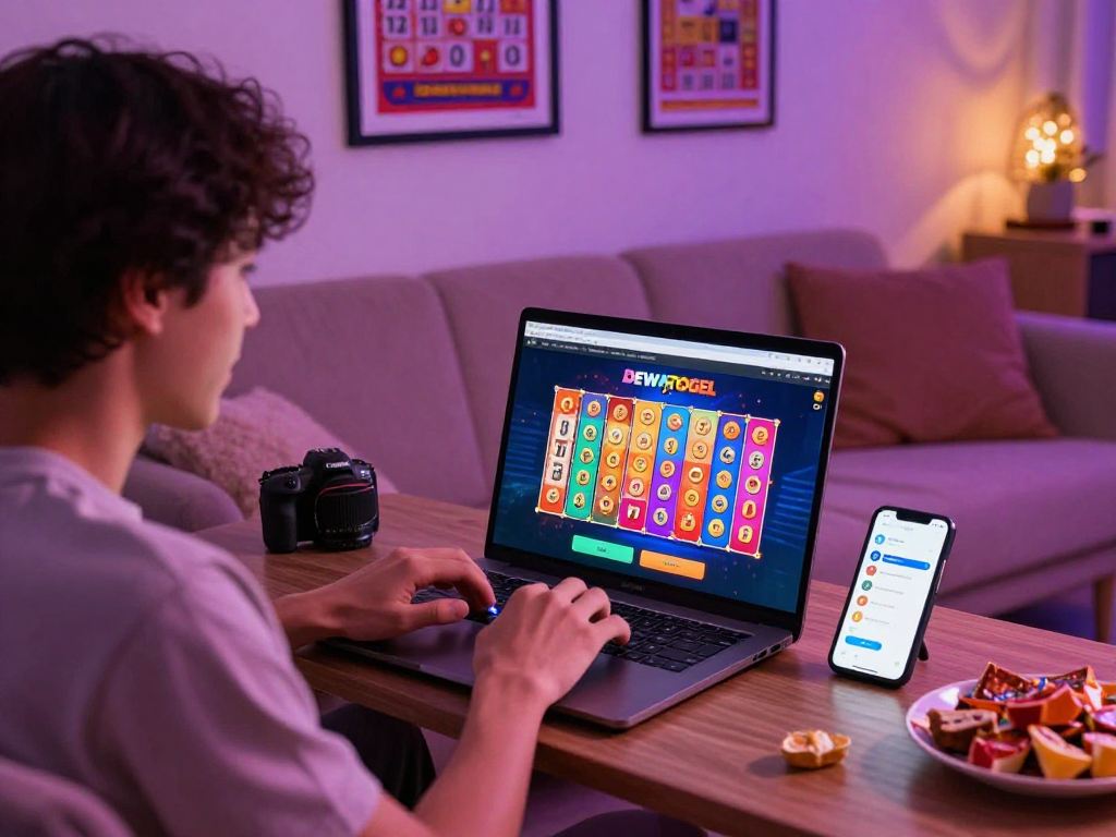 Dewatogel user engrossed in online lottery gaming at home with vibrant graphics.