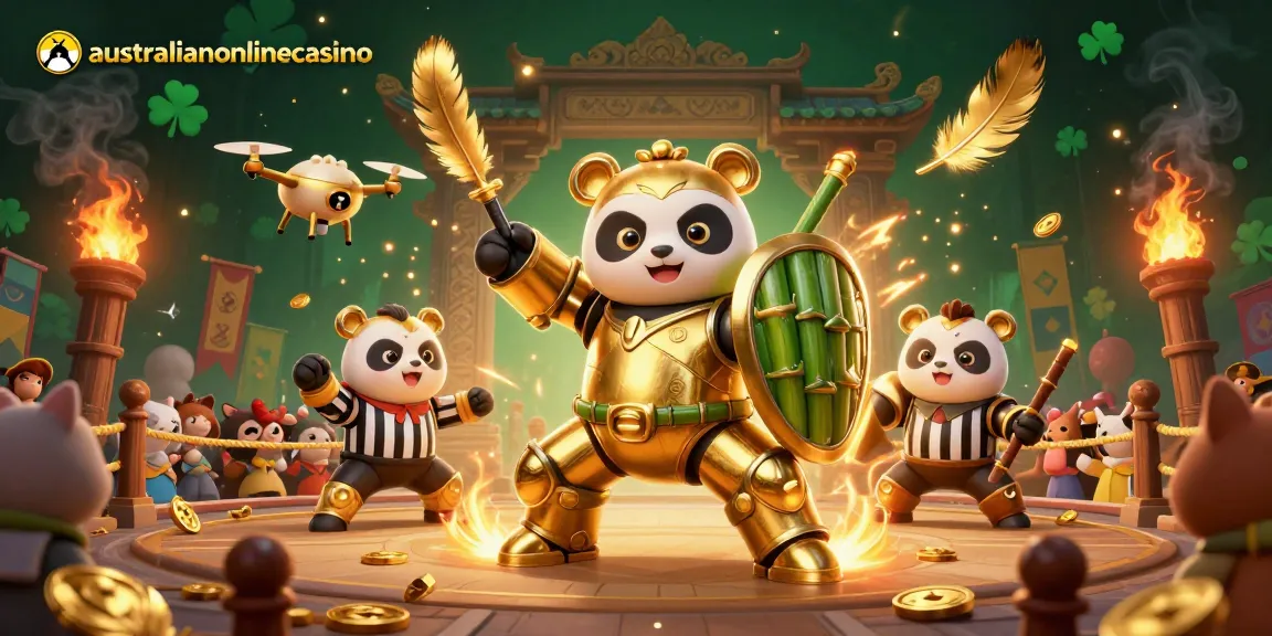 Experience thrilling gameplay at australianonlinecasino with a mech-suit golden panda leading the action.