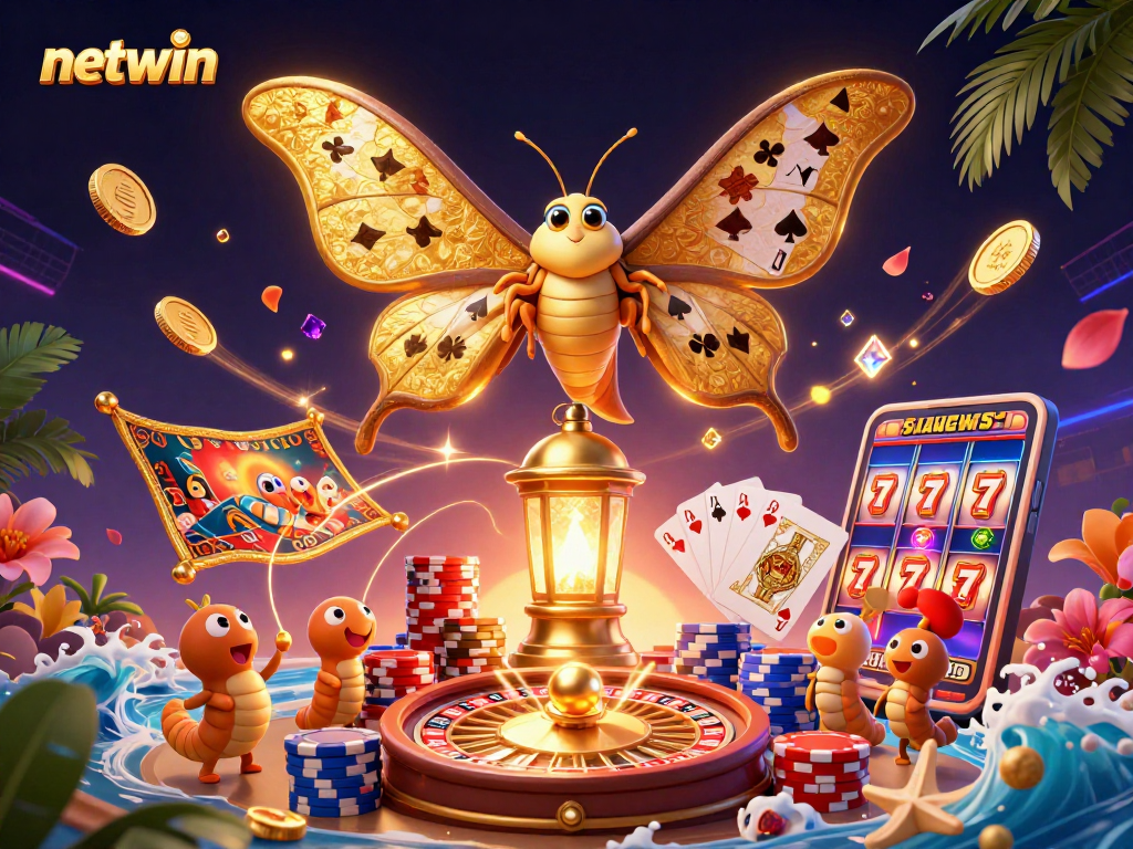 Experience thrilling gaming at netwin with a vibrant 3D casino illustration of an atlas moth amid golden elements.