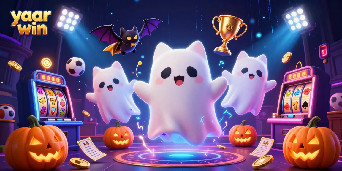 Bet on yaar win with a vibrant casino scene featuring a ghost cat and vampire bat amidst slot machines and sports elements.
