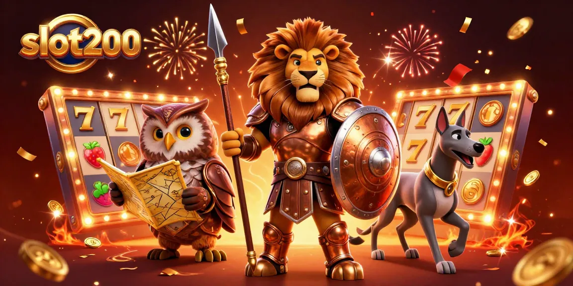 Experience winning spins at slot200 with vibrant characters and spinning slot reels.