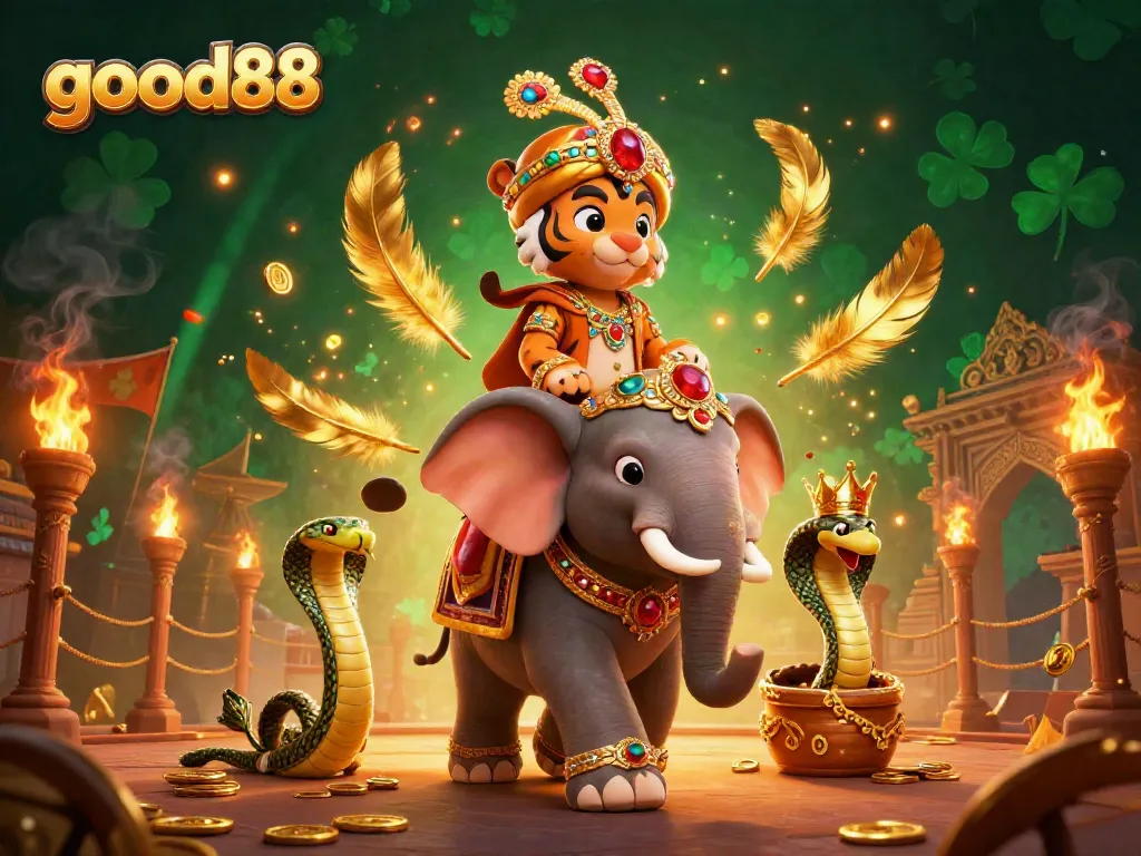 Experience thrilling gameplay at good88 with vibrant gaming elements, including a jewel-encrusted elephant, gold coins, and ember particles.