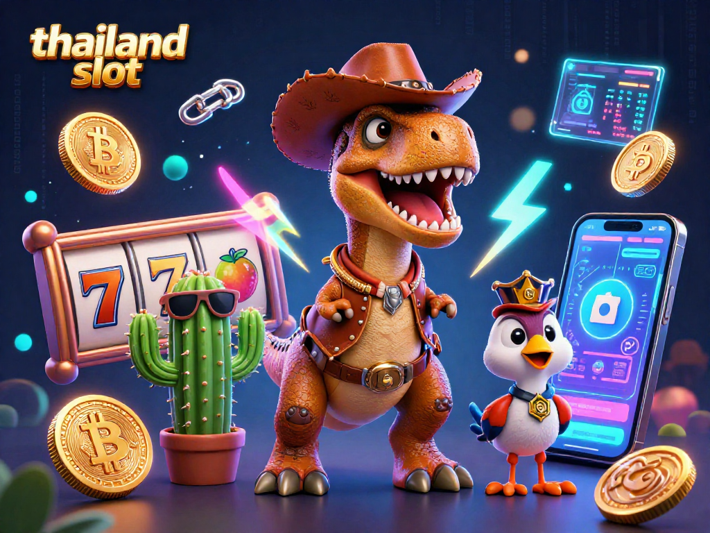 Experience thrilling action with thailand slot as a T-Rex cowboy, crypto coins, and vibrant slot elements collide!