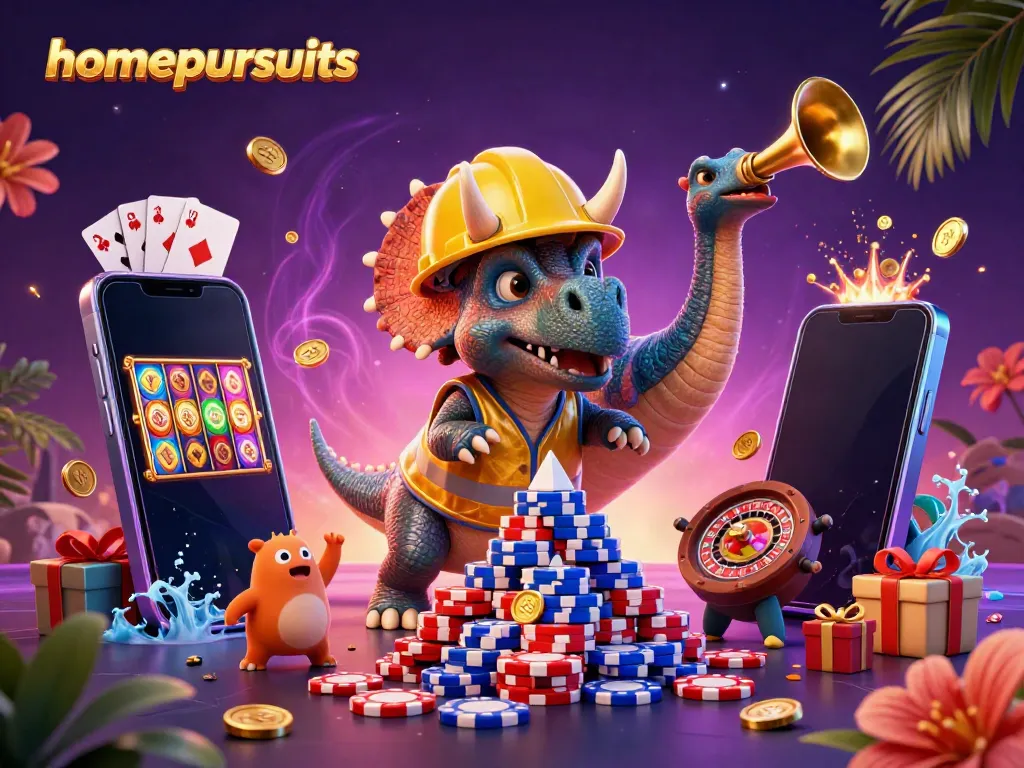 Pembangunan piramida chip poker dalam suasana kasino dengan karakter ceria homepursuits.