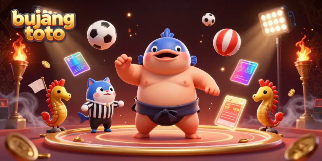 Bujang toto features a vibrant underwater gambling scene with a fugu fish, catfish referee, and lively spectators cheering.