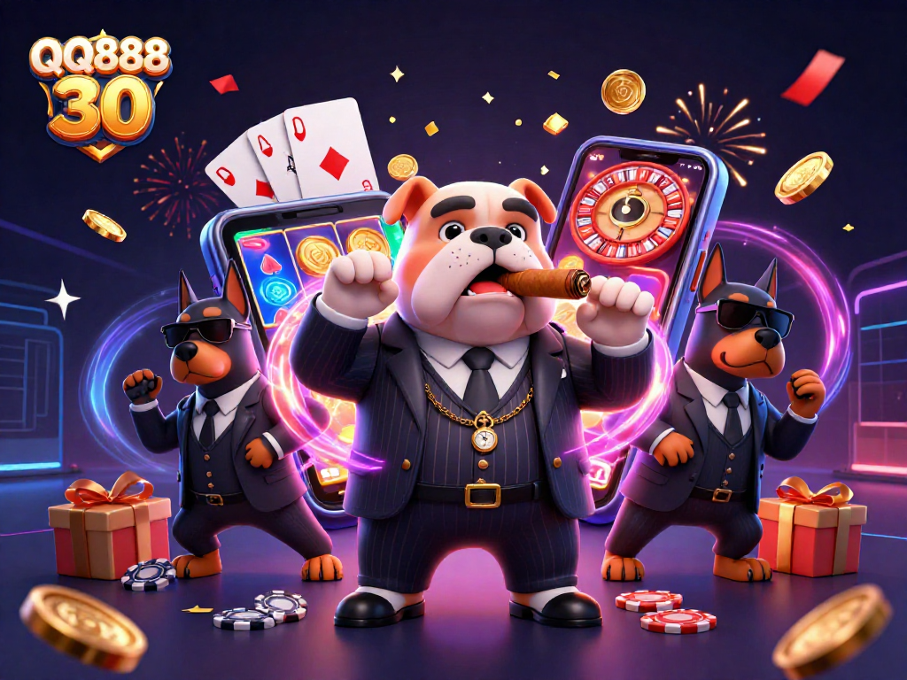 Win big with QQ888 30 in this vibrant casino-themed illustration featuring exciting gaming elements.