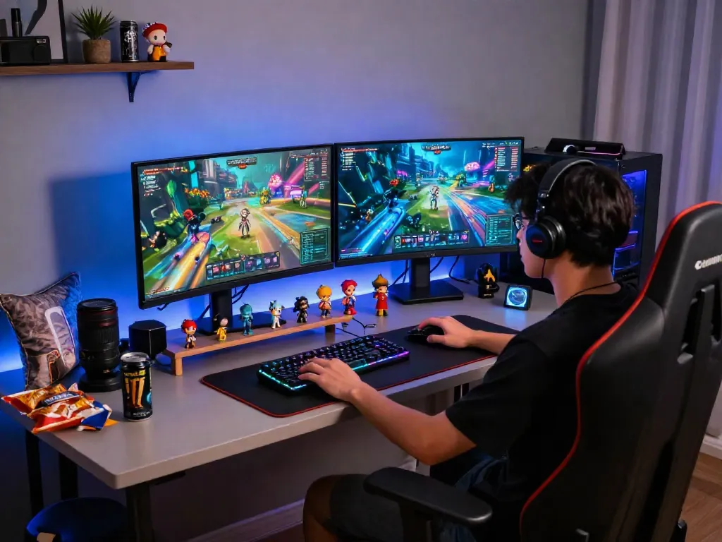 Pemain diana4d berfokus pada setup gaming dengan monitor canggih dan dekorasi menarik.