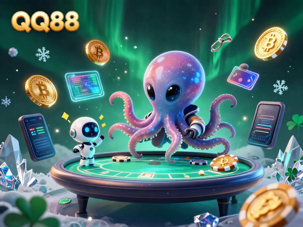 Engage in thrilling poker gameplay with QQ88's alien octopus and robot companion.