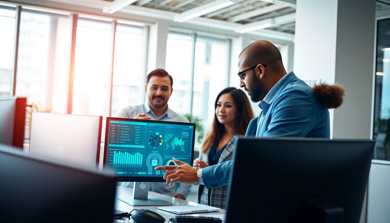 Engaged professionals demonstrate cyber essentials managed service in a modern office setting.