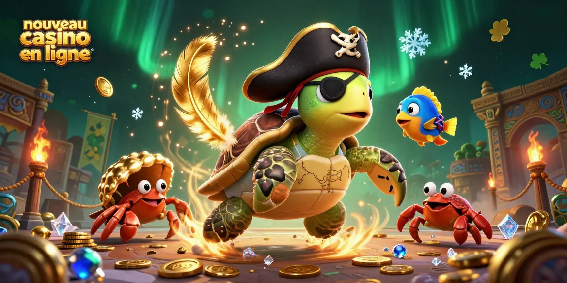 Illustration d'un nouveau casino en ligne, présentant une tortue pirate et des éléments de jeux