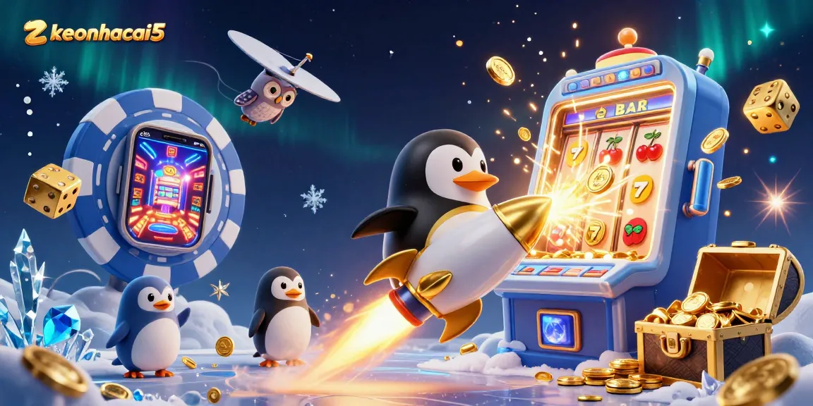 Experience zkeonhacai5 in this vibrant 3D illustration of a golden penguin entering a casino space station.