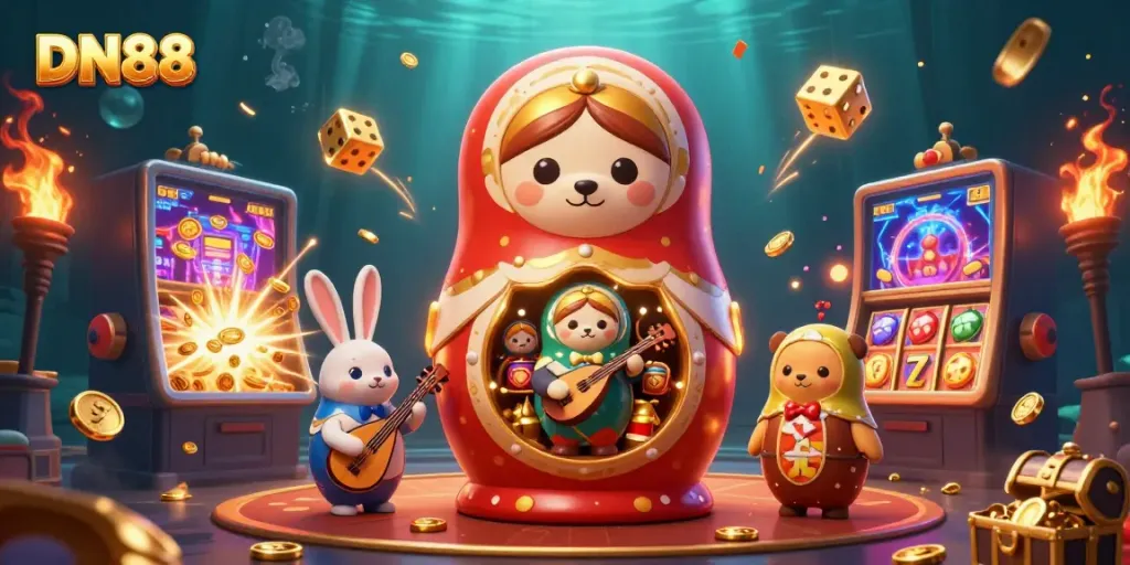 Experience the excitement of DN88 with vibrant casino-themed elements and colorful characters.