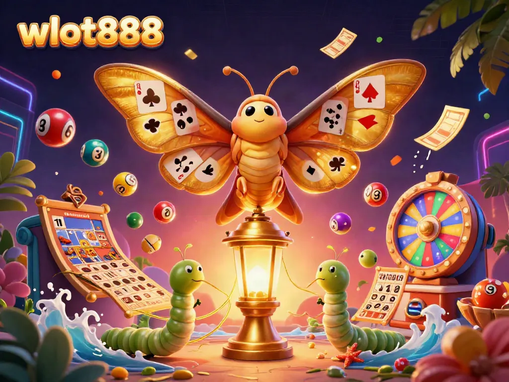Permainan wslot888 penuh warna dengan kupu-kupu 3D dan bola lotere melayang, menambah keseruan kasino.