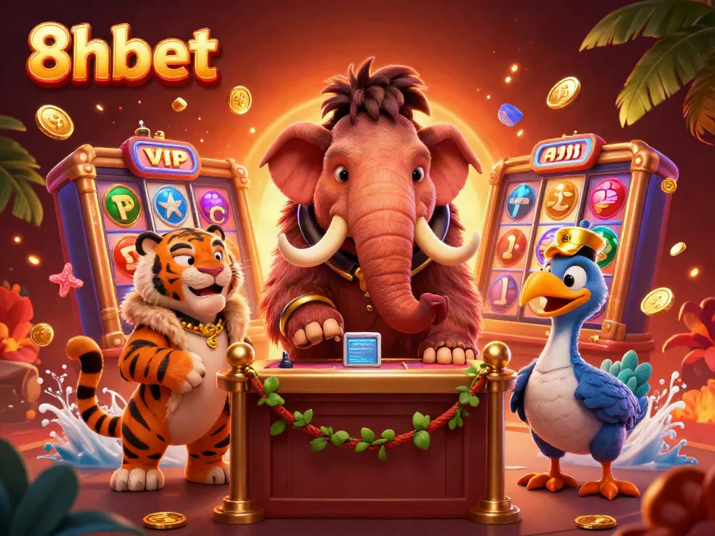 Engage in the thrilling world of 8xbet with a vibrant VIP casino scene, featuring unique characters amidst vibrant slot gaming elements.