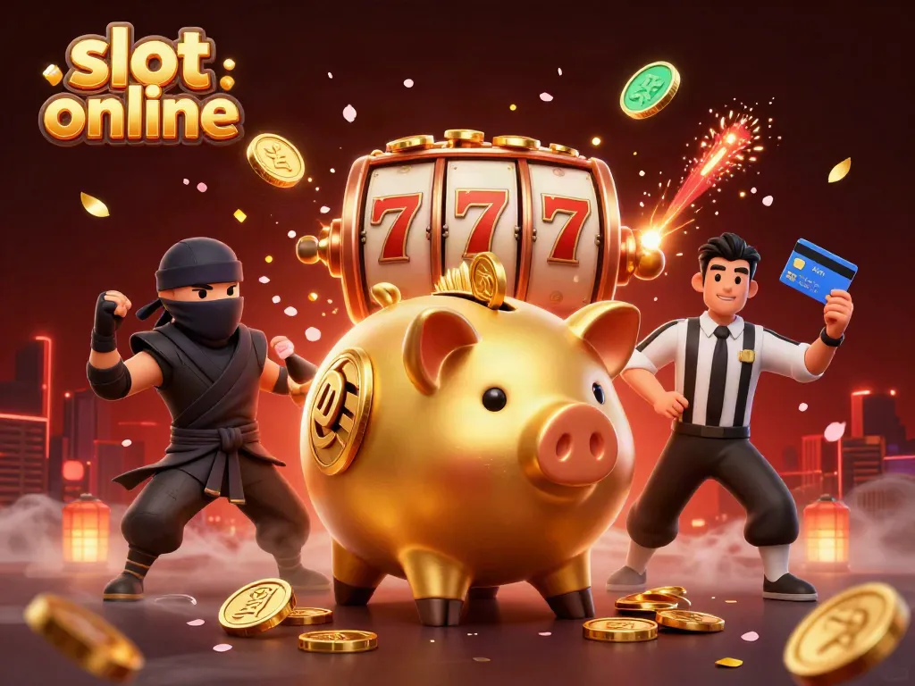 Engaging scene of a golden piggy bank sumo wrestler and allies celebrating slot online gaming with dynamic elements.