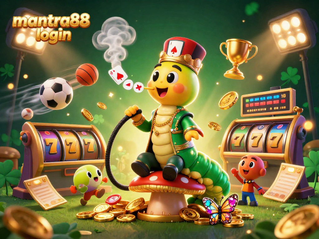 Experience thrilling gameplay with mantra88 login as a caterpillar hookah-master enjoys casino elements and golden coins.