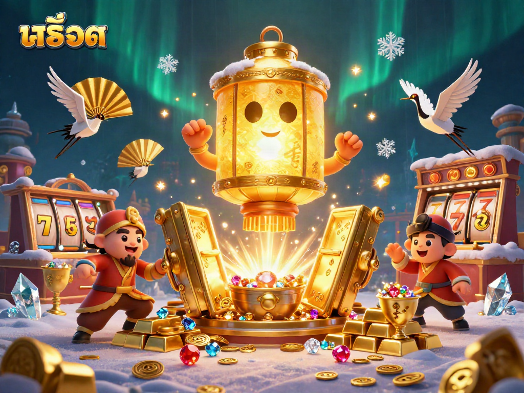 Spin the reels of สล็อต at a vibrant casino scene filled with golden characters and treasures.