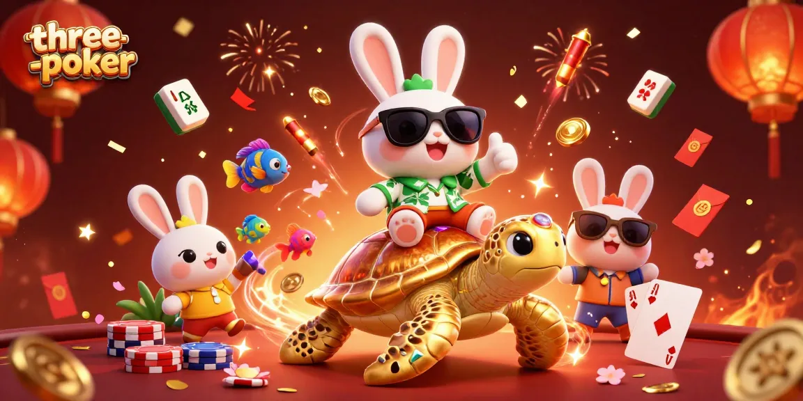 Experience the excitement of three-card-poker with a lucky rabbit and golden turtle celebrating at a colorful table.