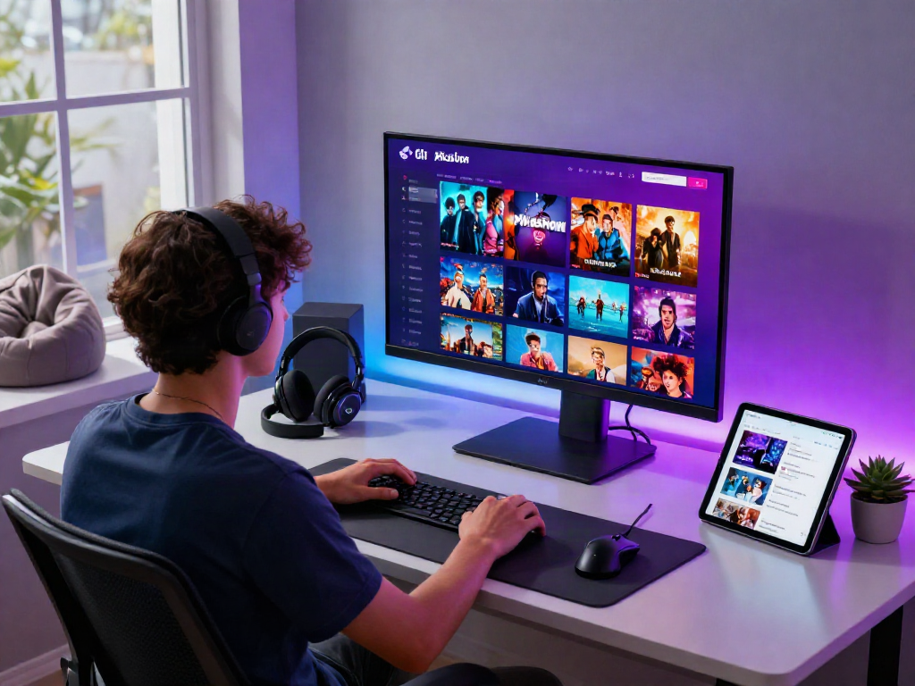Download Pikashow Apk app shown on a vibrant monitor in a modern workspace