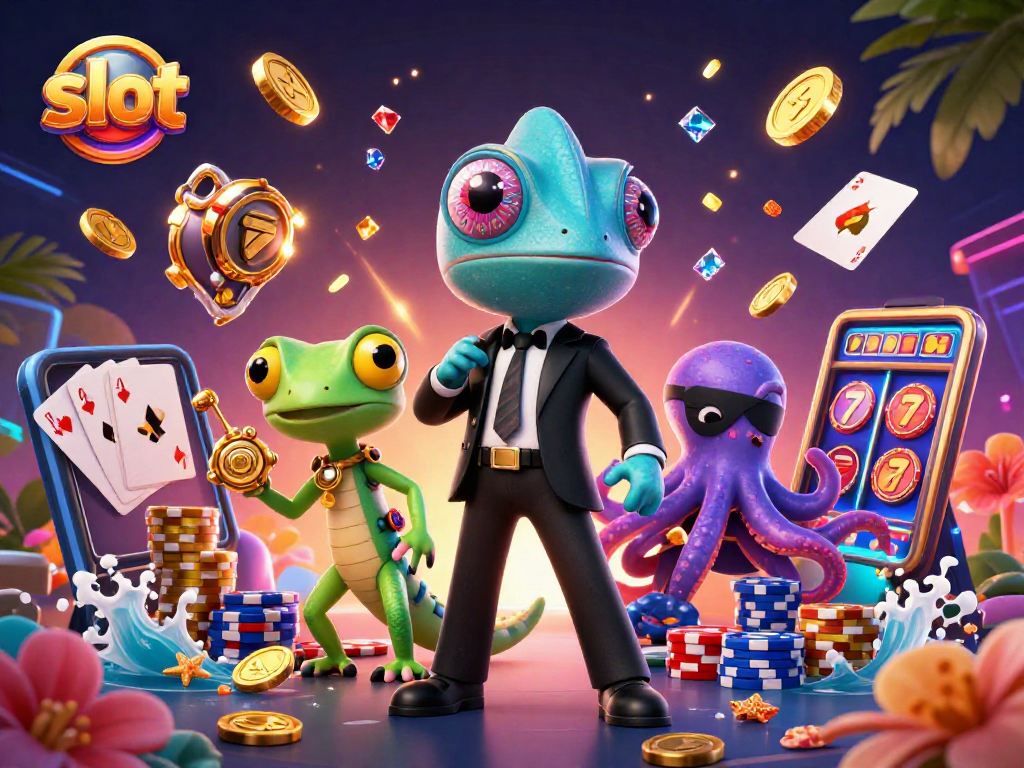 Spin the slot reels with colorful characters and sparkling gems in this vibrant casino scene.