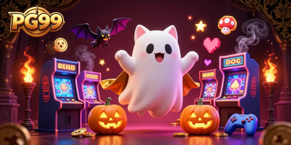 Experience PG99's vibrant casino world with a ghost cat and vampire bat in a haunted scene.