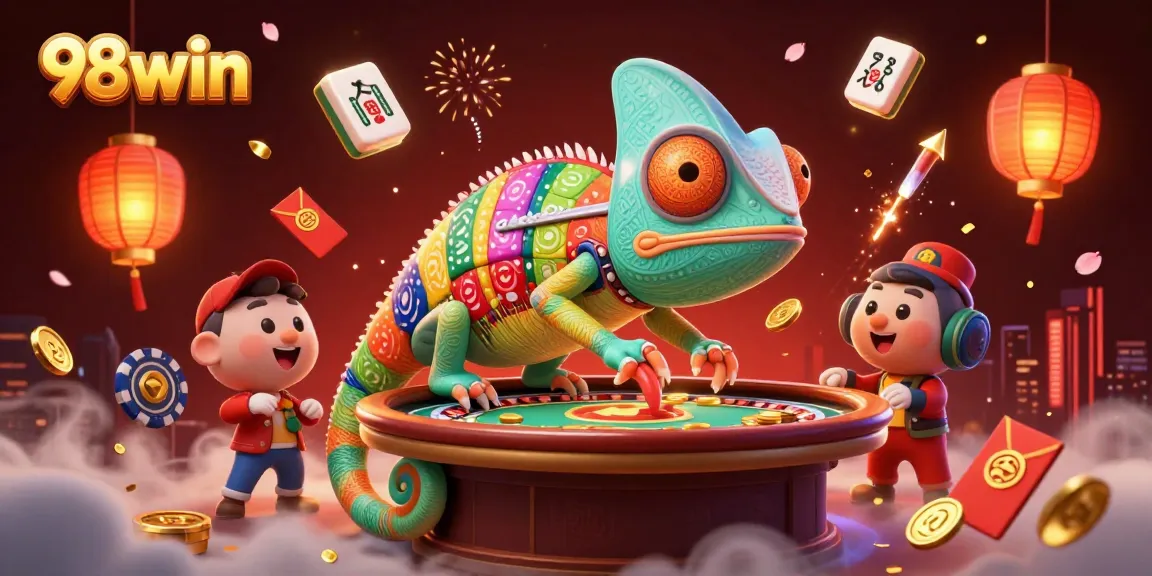 Engage in thrilling gaming with 98win's vibrant casino illustration featuring the dynamic chameleon owner.