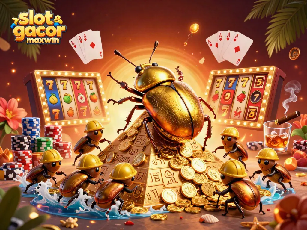 Engage with the vibrant slot gacor maxwin scene featuring golden beetles, coins, and dynamic casino elements.