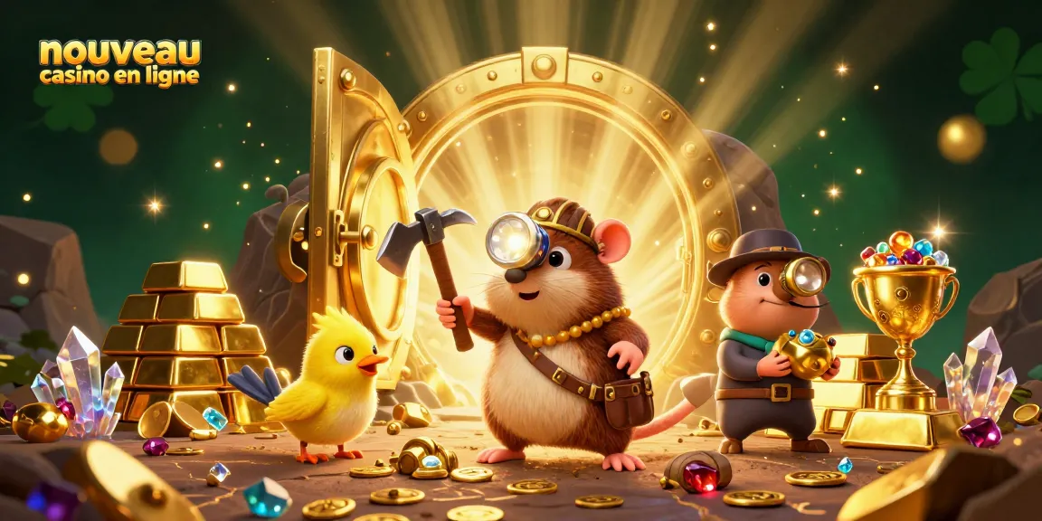 Visitez un nouveau casino en ligne avec un mole chasseur de trésors et un canari, entourés d'or et de gemmes.