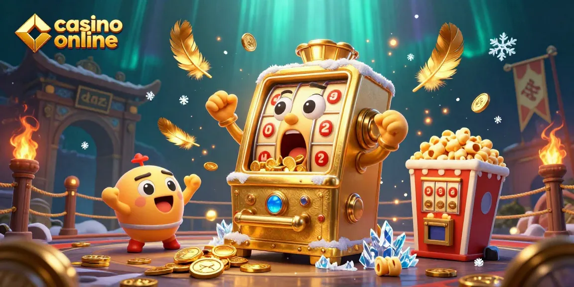 Engage with the vibrant excitement of casino online games featuring a golden slot machine celebrating a jackpot.