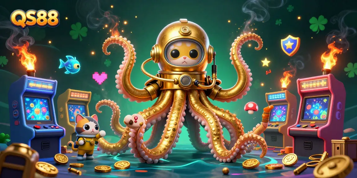 Experience thrilling gameplay with QS88's vibrant kraken and diving cat in a colorful casino world.