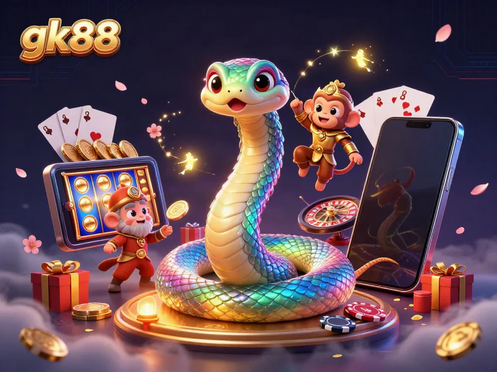 Experience the vibrant energy of gk88 as a rainbow serpent and monkey king create magic in this 3D casino illustration.