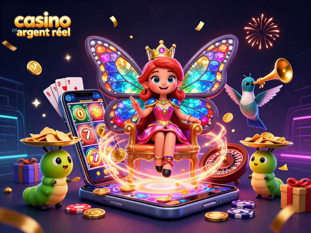 Jouer sur un casino en ligne argent réel avec une reine papillon et des jeux de loterie scintillants.