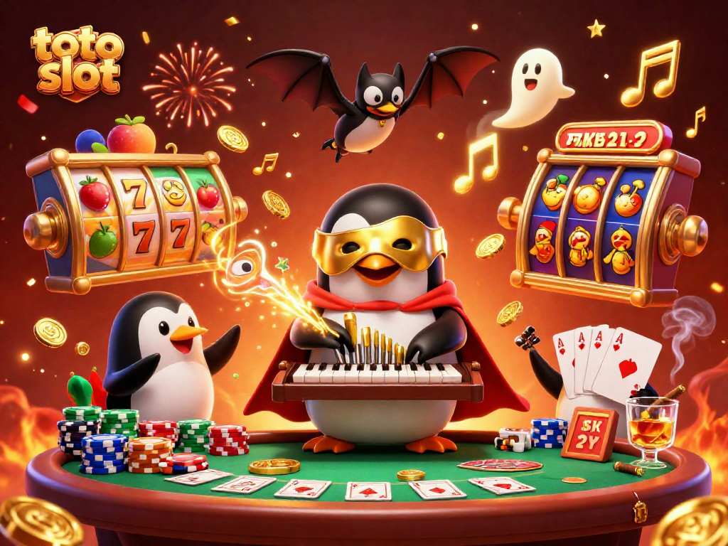 Menang besar di toto slot dengan gambar penguin opera dan elemen kasino yang meriah.