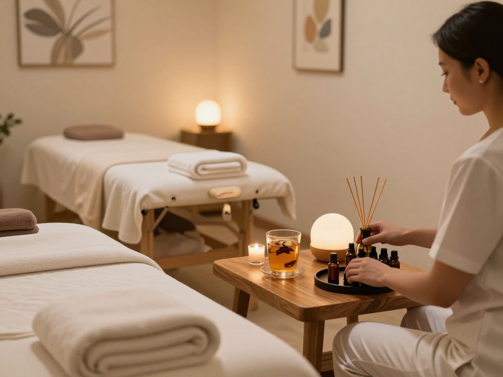 Relaxation area at Balanced Massage showcasing mantra88 essential oils and calming ambiance.