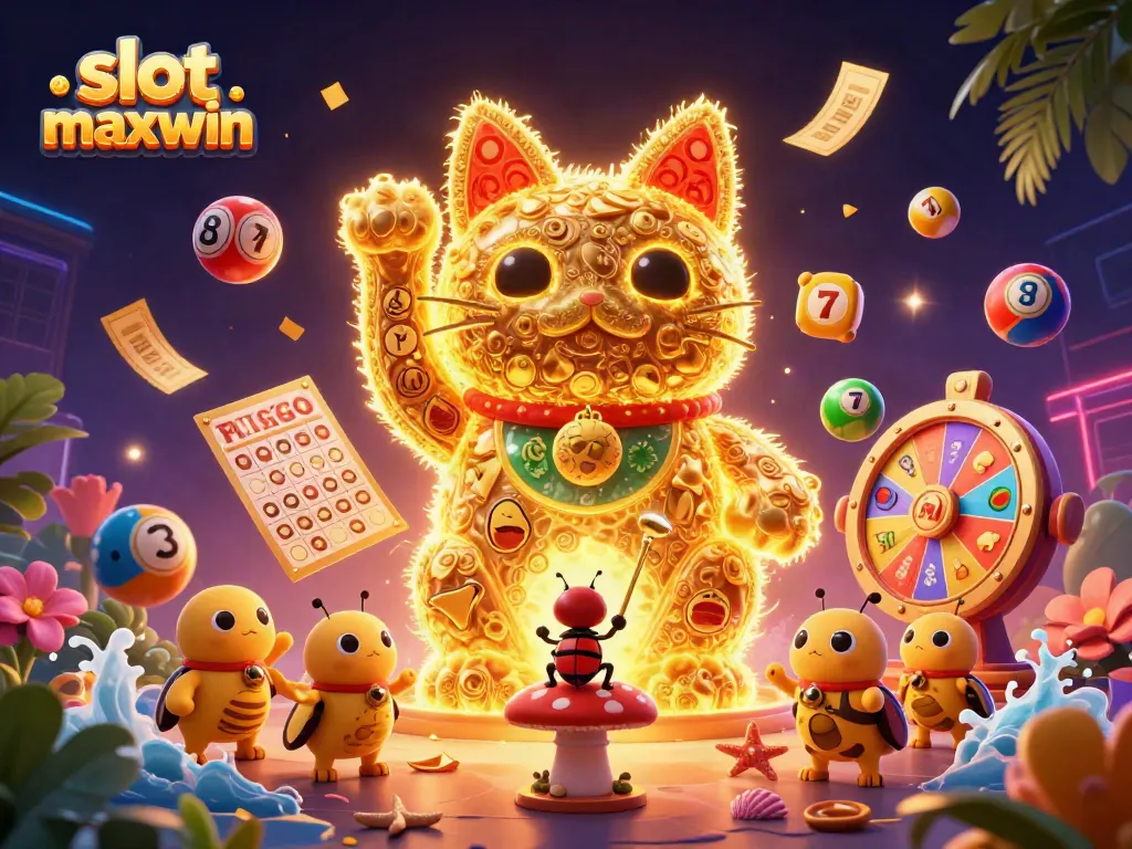 Mainkan slot maxwin dengan suasana ceria dari kucing keberuntungan dan simbol kasino berwarna.