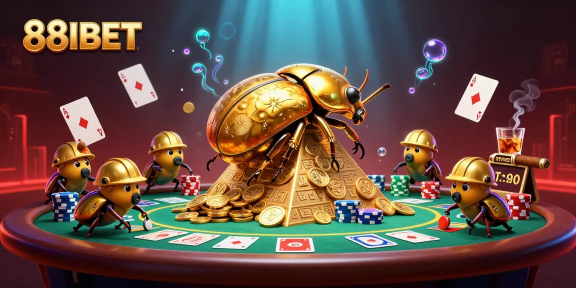 88IBET showcases players achieving jackpot wins with a golden beetle illustration in a casino scene.