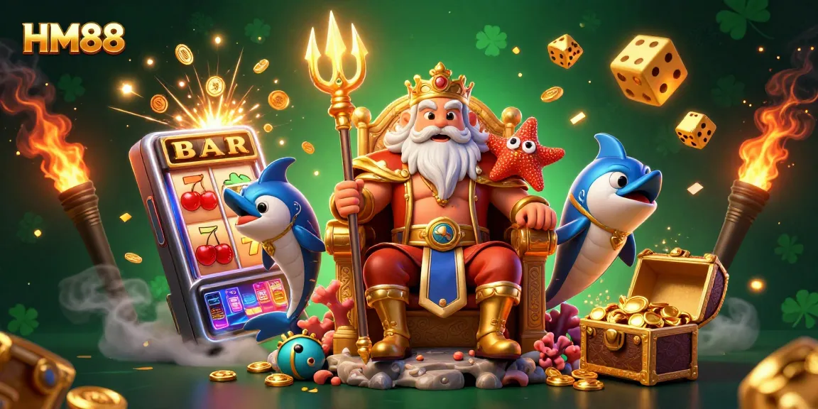 Experience HM88's thrilling casino excitement with a vibrant 3D image featuring Neptune and dynamic game elements.