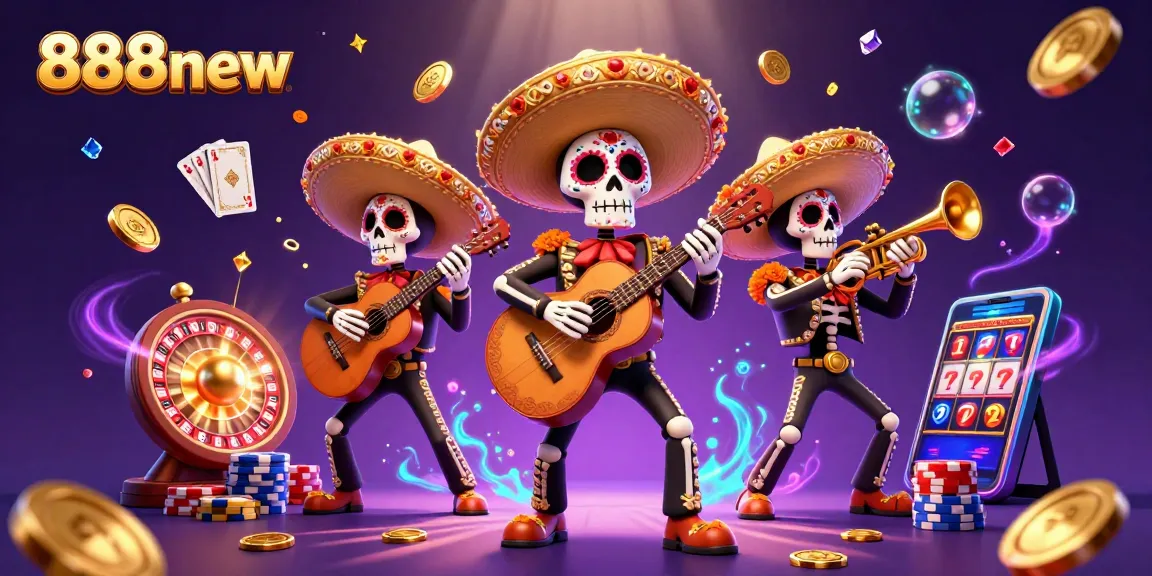 Win big at 888new with vibrant casino-themed mariachi skeletons amid flying coins and sparkling gems.