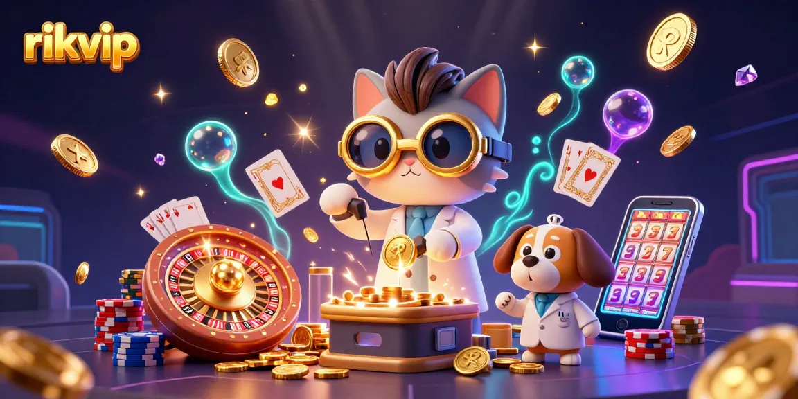 rikvip's mad scientist cat creating casino magic with gold coins and vibrant gaming elements.