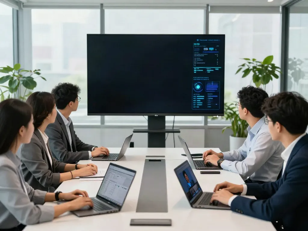 Deepfake-protected meetings showcased in a collaborative corporate setting with advanced tech.
